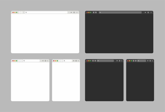 Browser Window UI Kit. Modern Web Browser Mockup Templates in Light and Dark Mode. Blank Internet Window Interface Collection. Flat Vector Illustration.