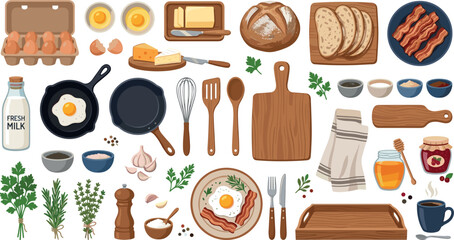 Breakfast cooking vector elements set featuring kitchen utensils frying pan eggs bacon bread butter cutting board and fresh herbs © MdAbdul