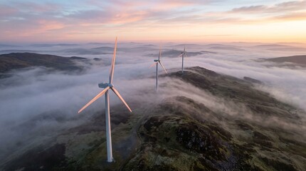Aerial view of wind turbines at dawn. Renewable energy in nature setting. © Faruk