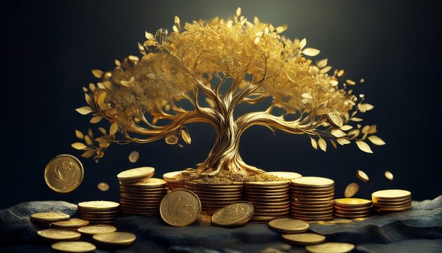 golden tree of wealth flourishes atop coins on dark stone symbolizing fortune