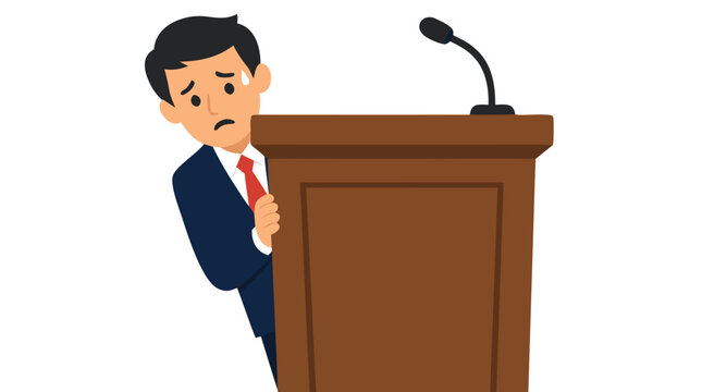 Nervous businessman peeking behind wooden podium with microphone, anxious expression, bold flat illustration style perfect for business presentations and public speaking concepts