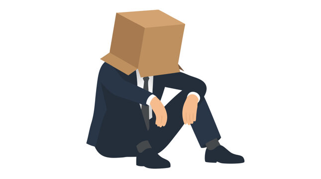 Depressed businessman sitting on floor with cardboard box over head, expressing job loss, burnout, and mental health crisis in corporate environment