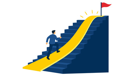 Fototapeta premium Ambitious businessman sprinting up glowing yellow shortcut ramp bypassing traditional staircase toward success flag and peak achievement