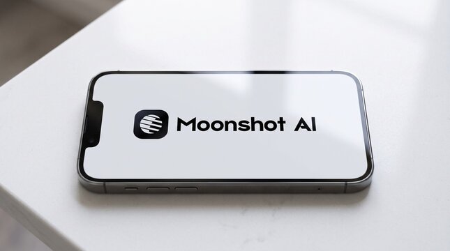 Moonshot AI company logo displayed on a smartphone screen. Kimi K3 chatbot by Moonshot AI is a leading Chinese artificial intelligence company based in Beijing developing advanced language models.
