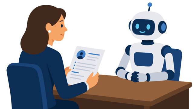 A professional businesswoman interviewing a friendly artificial intelligence robot candidate at a desk holding a resume paper document vector illustration concept for hiring technology and future