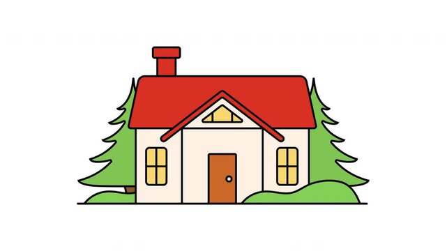 House with chimney and tree outline reveal animation transparent background