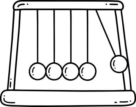 Newton's cradle with one swinging ball, black and white hand drawn physics illustration isolated on white background.