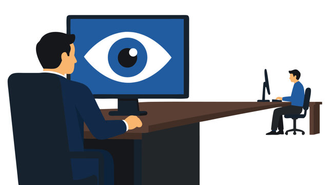 Corporate surveillance vector illustration depicting a manager watching a tiny employee on a giant computer monitor with a big eye symbol, representing workplace control, micromanagement, privacy.