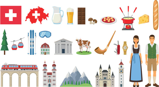 Switzerland Travel and Culture Icon Set with Swiss Flag, Map, Alps Mountains, Traditional Costumes, Fondue, Chocolate, and Famous Landmarks Vector Illustration