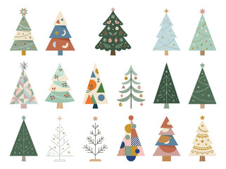 Obraz premium An artistic collection of modern Scandinavian-inspired Christmas trees, adorned with various festive patterns and minimalist ornaments.