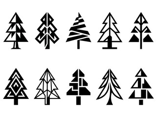 Obraz premium Abstract geometric pine tree symbols collection, featuring diverse evergreen forest forms and modern minimalist nature illustrations.