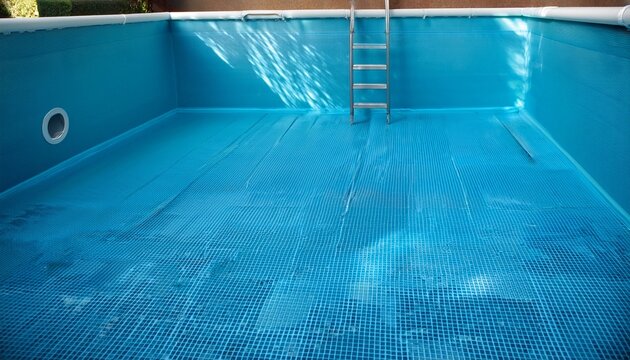 empty swimming pool under repair with vinyl liner removed steel exposed steps