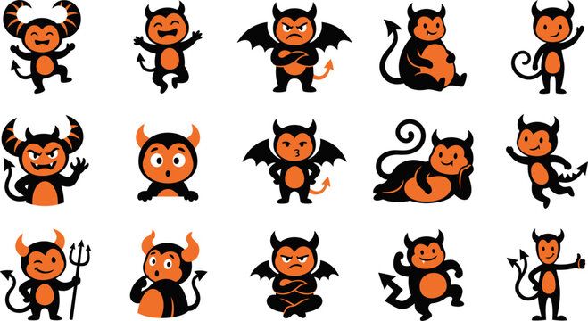 Set of cute cartoon devil characters in various poses and expressions for halloween design projects