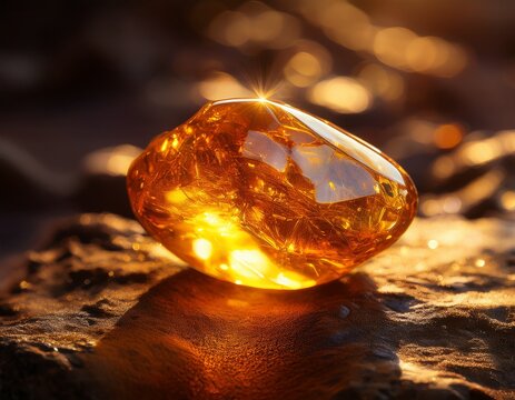 close up of a golden amber stone reflecting light on a textured ground