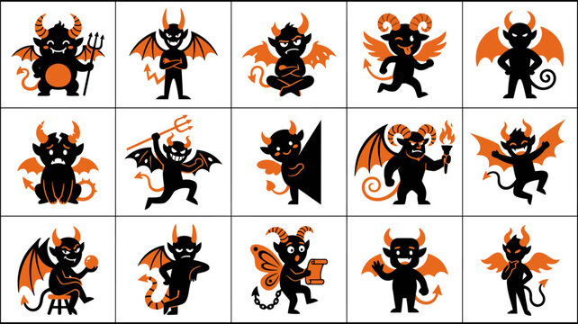 Set of cute little devil characters with various poses and expressions for creative design projects