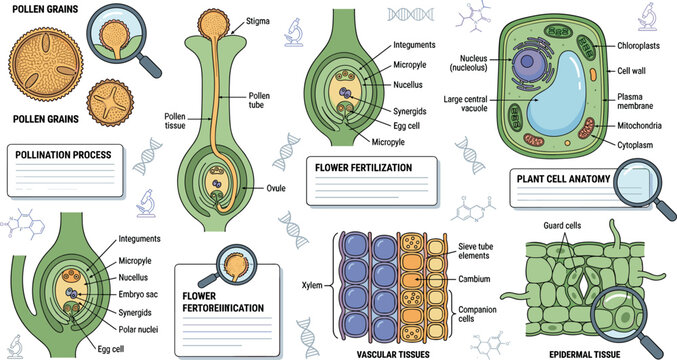 Plant cell biology vector infographic elements set featuring flower fertilization pollen grains stem tissue and stomatal cell structure
