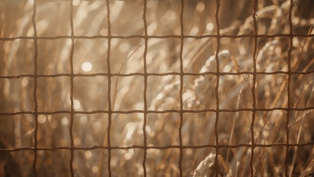 A close-up of a rusty wire fence with bokeh lighting in the background.