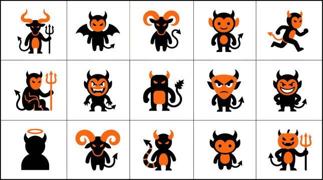 Set of cute little devil cartoon characters with various poses and expressions for halloween design projects