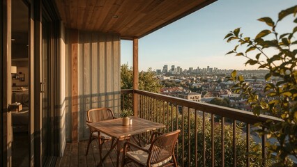 Obraz premium Balcony view overlooking urban cityscape with trees and buildings, wooden table and chairs, cozy outdoor space, and a distant skyline.