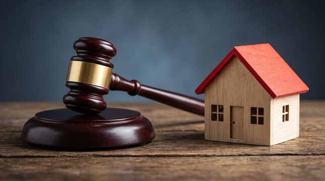 Wooden judge gavel with small house model on table, real estate auction and property law concept, foreclosure and mortgage litigation