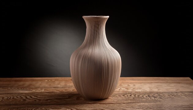beige ceramic vase with ridges on a wood table dark moody backdrop