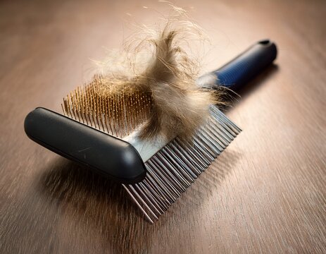 the comb of pet slicker brush with cat fur clump after grooming