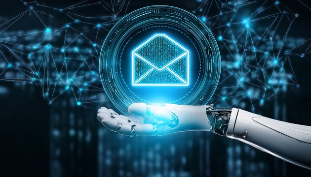 robotic hand presents glowing digital envelope symbolizing digital communication