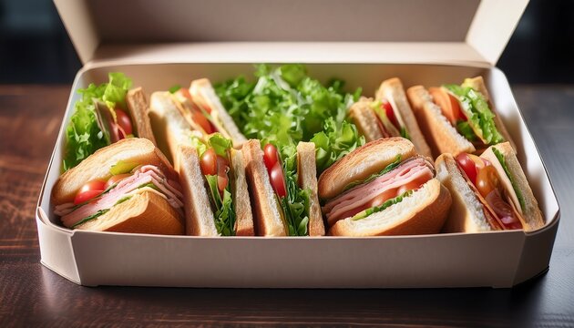 close up of neatly arranged sandwich platter inside catering delivery box crisp details bright natural light commercial food photography style professional visual
