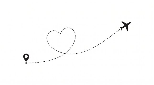 Airplane flight path with heart shape route and map location pin