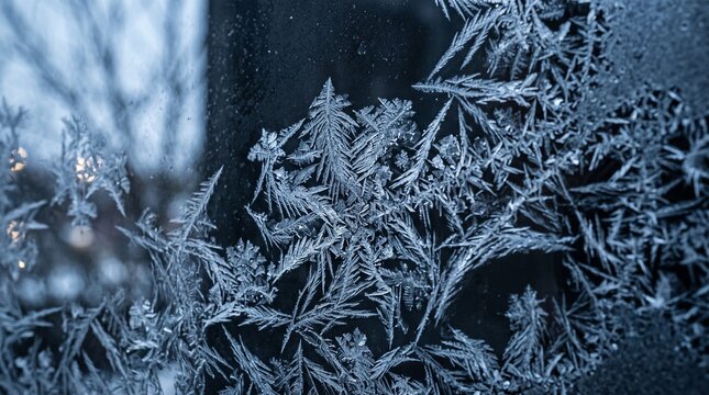 Close-up of intricate frost patterns on a window. Beautiful ice crystal formations on glass surface, winter frost decor, natural cold weather scene.