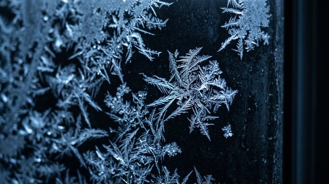 Close-up of intricate frost patterns on glass window. Winter ice crystals forming natural designs, macro shot of frozen water textures.