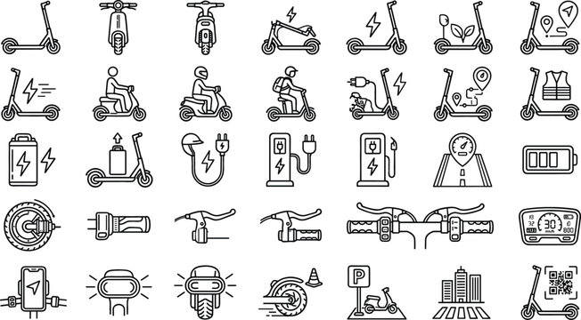 Electric Scooter Icons with Charging Stations and City Navigation Elements in a Clean Line Art Style