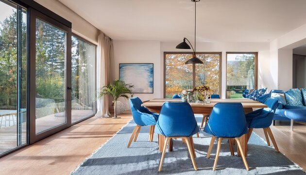airy modern living and dining area with large windows and blue accents