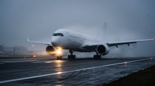 Commercial airplane breaking through fog during takeoff. Modern jet in stormy weather, aviation transportation, travel industry.