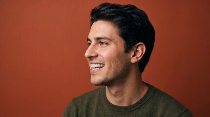 Obraz premium Young man with dark hair smiling and looking to the side against a warm orange background