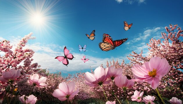 pink flowers with blue sky in background butterflies summer vibes spring