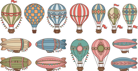 Vintage hot air balloon and zeppelin vector set featuring retro airships dirigibles and decorative flying vehicles with ornate patterns isolated on white background © Mifta