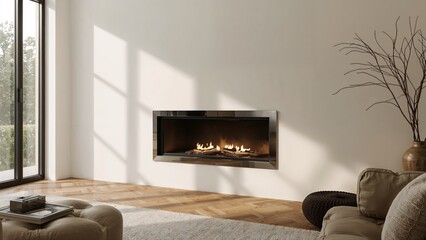 Obraz premium Modern living room with a wall-mounted fireplace, beige sofas, and large windows, creating a cozy and bright atmosphere.