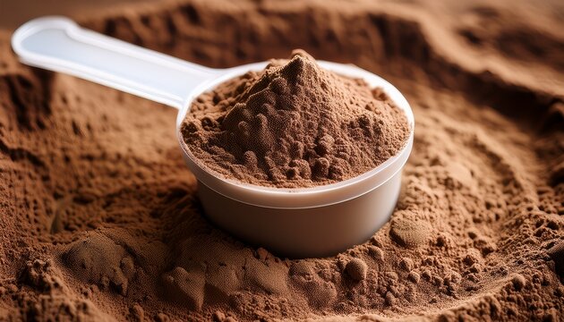 plastic measuring spoon and heap of brown chocolate protein powder sport nutrition concept