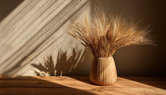 dried wheat in a vase on a wooden surface casting a shadow