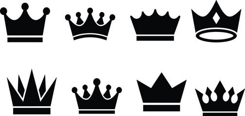 Black crown silhouettes vector set including royal tiara king queen authority and majesty symbol icons collection © AshaRani