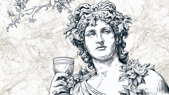 Vintage engraving sketch of Dionysus Greek god of festivity holding ornate goblet, grapevine foliage on soft marble backdrop, classical myth artwork for poster and editorial design