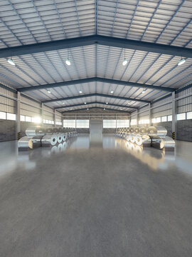 Warehouse interior with stacked steel coils, logistics facility, concrete floor, organized inventory, raw material warehouse, commercial distribution center, realistic 3D industrial background.