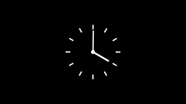 Minimalist analog clock face animation, fast forward time passing concept, white hands on black background