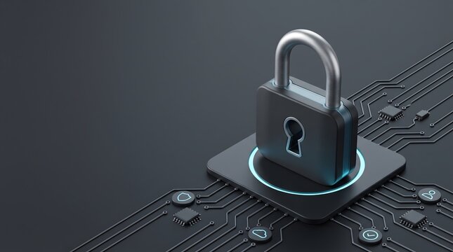 Hardware security concept featuring metallic padlock on microchip with digital circuit paths and cloud protection icons