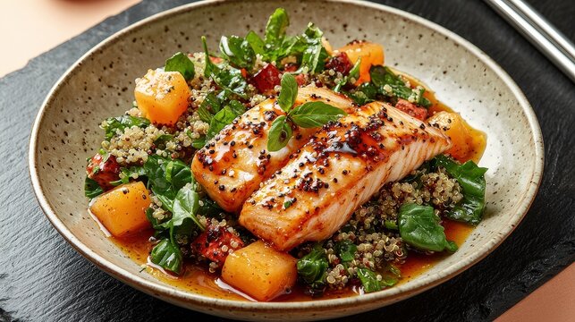 Modern caribbean kingfish medallion with sweet chili glaze and quinoa salad on slate tile, soft studio lighting, silver chopsticks, apricot background
