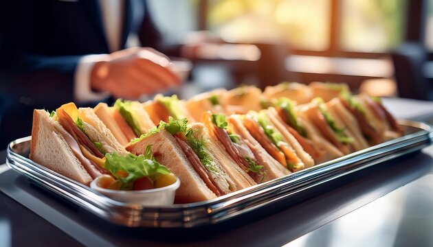 close up of sandwich platter in professional catering tray on office desk crisp textures soft window light shallow depth of field professional background