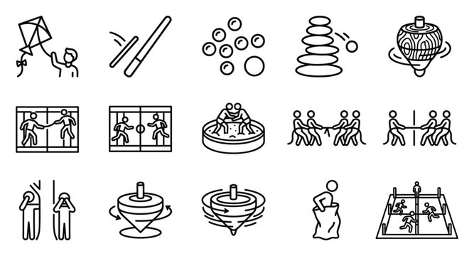 14th August Pakistan Independence Day traditional games vector set, Pakistani kite flying gulli danda marbles pithoo garam kabaddi line art icons for patriotic cultural childhood heritage