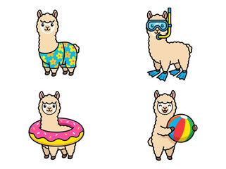 Obraz premium Cute Summer Llama Cartoon Characters Collection Featuring Swimming Gear and Beach Toys for Tropical Vacation Design Projects