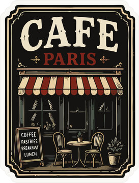 Vintage Cafe Paris Storefront Badge, Retro French Coffee Shop Illustration, Classic Caf&eacute; Sign Vector Sticker